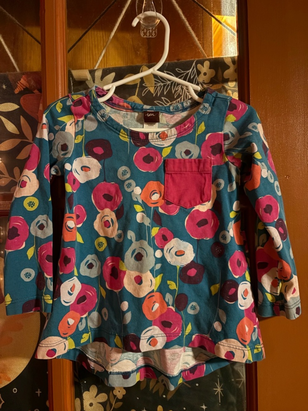 Tea Collection Teal Floral Long-Sleeve Tee with Pink Pocket